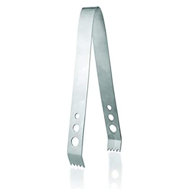 Stainless steel ice tongs with serrated grip and circular holes for secure handling of ice cubes