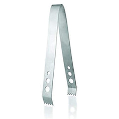 Stainless steel ice tongs with serrated grip and circular holes for secure handling of ice cubes
