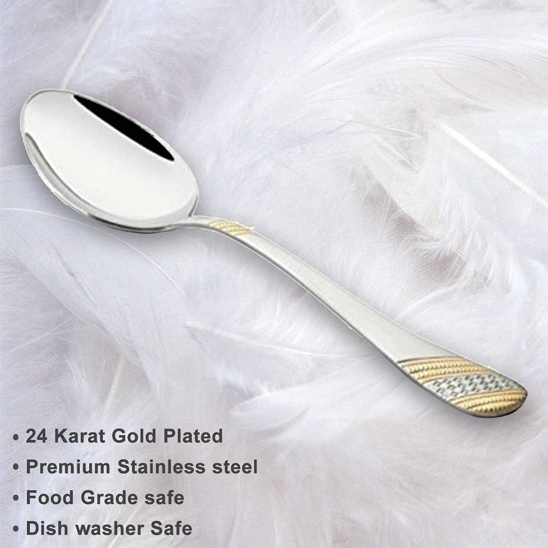 FNS Imperio serving spoon features infographic highlighting 24-karat gold plated, premium stainless steel, food grade safe, and dishwasher safe on white fabric background.