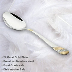 FNS Imperio serving spoon features infographic highlighting 24-karat gold plated, premium stainless steel, food grade safe, and dishwasher safe on white fabric background.