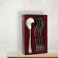 FNS Imperio 6 piece soup spoon set with 24 karat gold plated geometric textured handles displayed in luxurious maroon velvet lined gift box