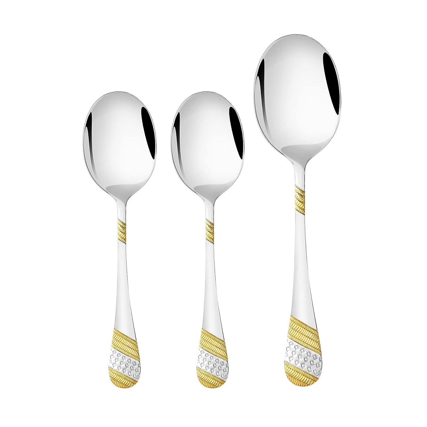 FNS Imperio three-piece serving spoon set arranged vertically, displaying two serving spoons and one large rice server with gold-plated textured grip handles.