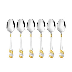 Six FNS Imperio dinner spoons with mirror polished stainless steel bowls and luxurious 24 karat gold plated geometric textured handles on white