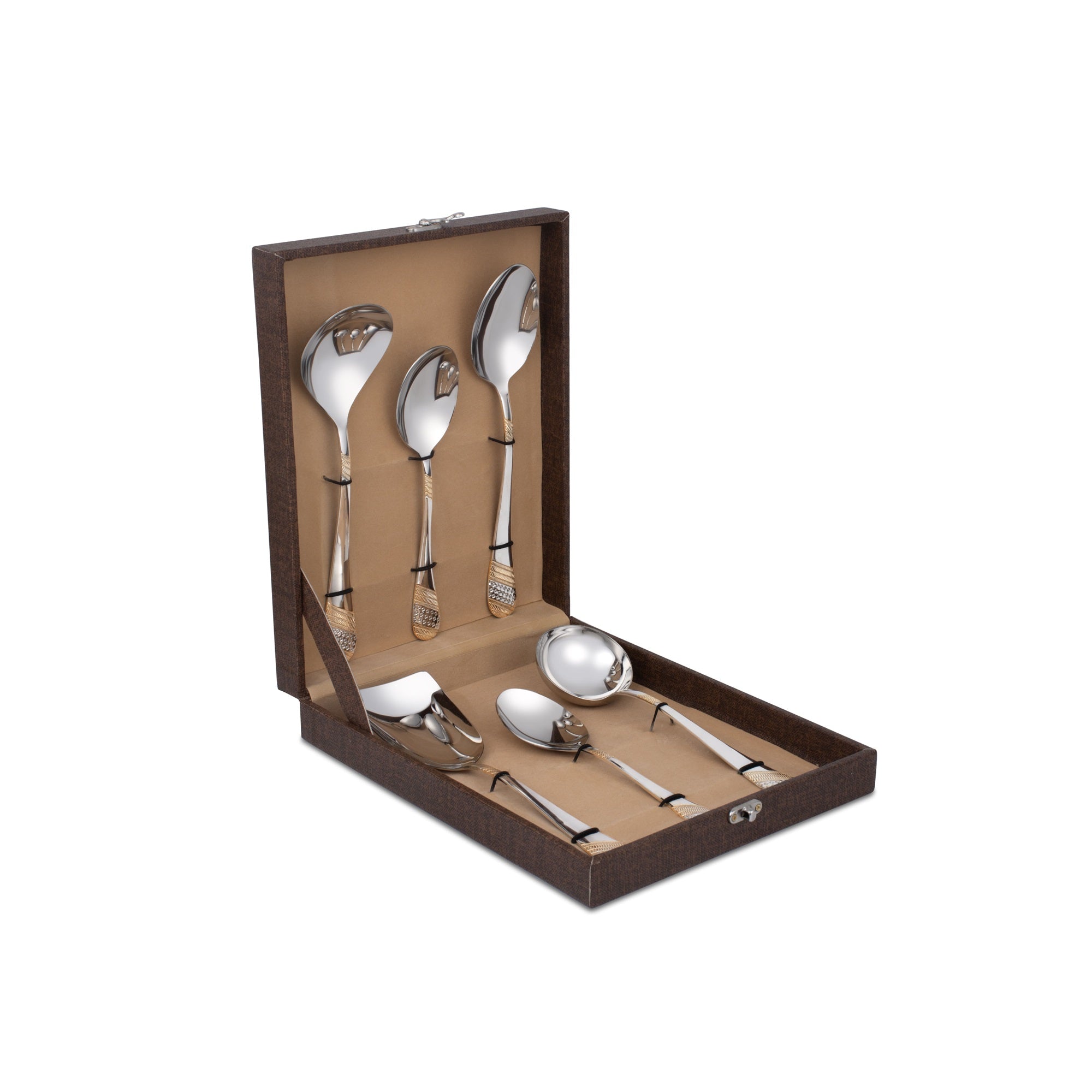 FNS Imperio 6-piece serving spoon set with 24-karat gold plated chevron handles displayed in premium brown leatherette gift box with beige interior