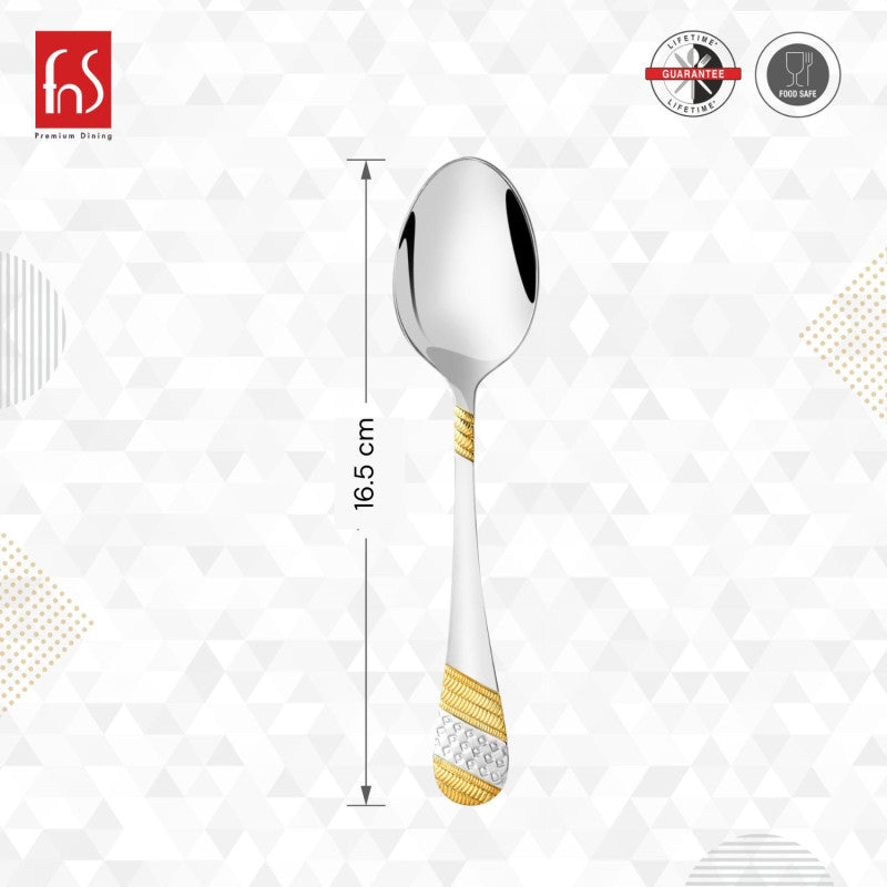 Imperio baby spoon dimensions showing 16.5 cm length with lifetime guarantee, food safe certification and 24 karat gold silver plated geometric textured handle design