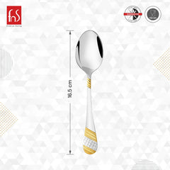 Imperio baby spoon dimensions showing 16.5 cm length with lifetime guarantee, food safe certification and 24 karat gold silver plated geometric textured handle design