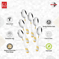 Imperio baby spoon features infographic highlighting mirror finish, dishwasher safe, elegant 24 karat gold plated design, durable stainless steel, easy to clean and food grade safe