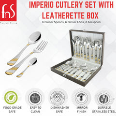 Imperio 18-piece cutlery set in leatherette box; food safe, mirror finish, durable, dishwasher safe.