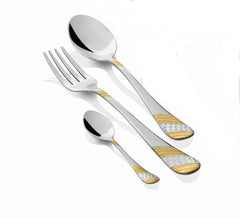 Fork, tablespoon, and teaspoon with textured silver and gold handles displayed on a white background.