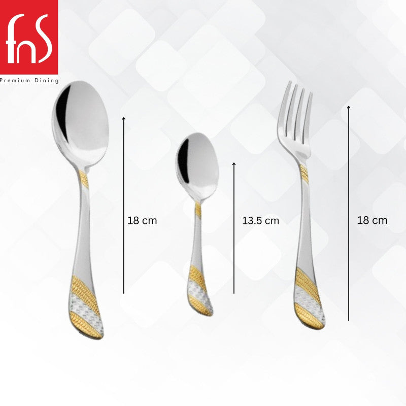 Dinner spoon, teaspoon, and fork with gold-accented handles displayed vertically with size measurements in centimeters.