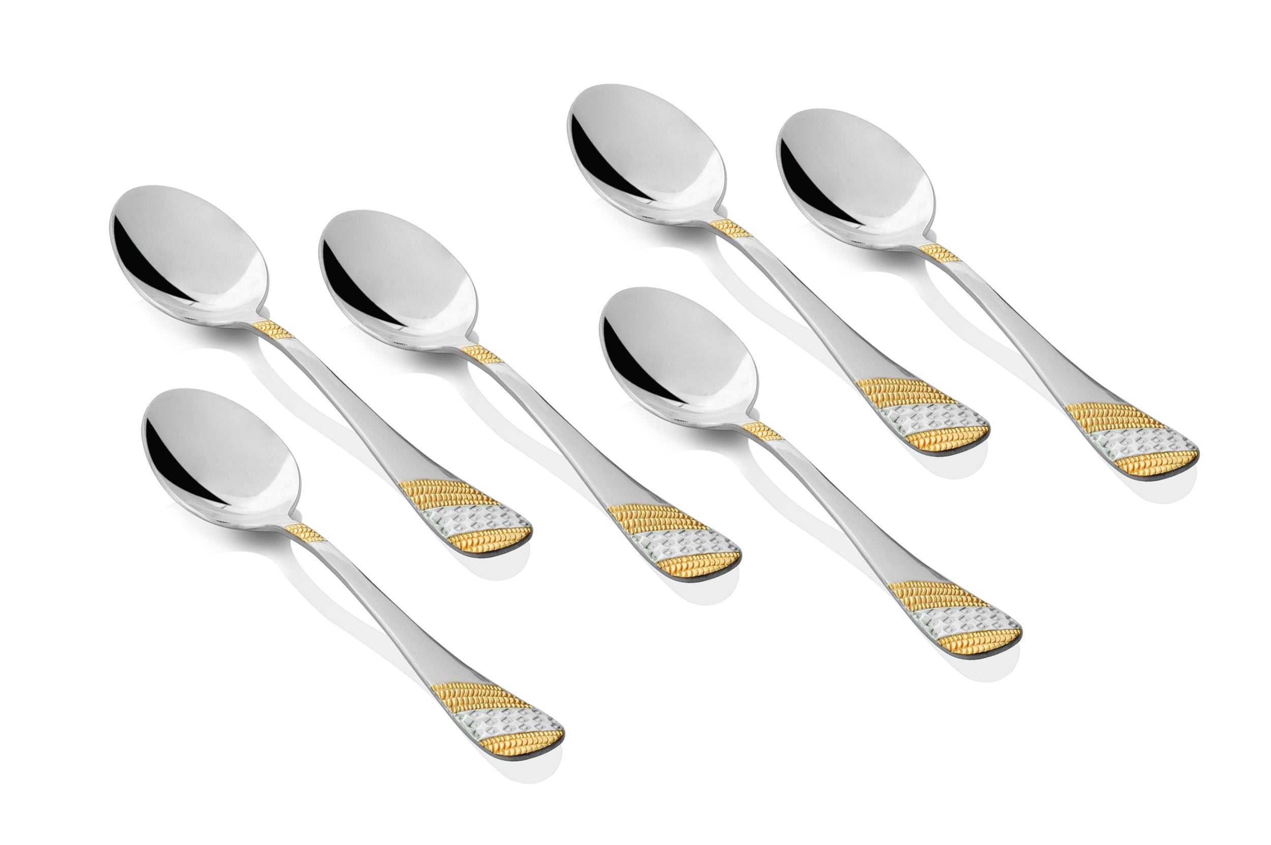 Set of six polished stainless steel tablespoons featuring gold and silver embossed handle designs.