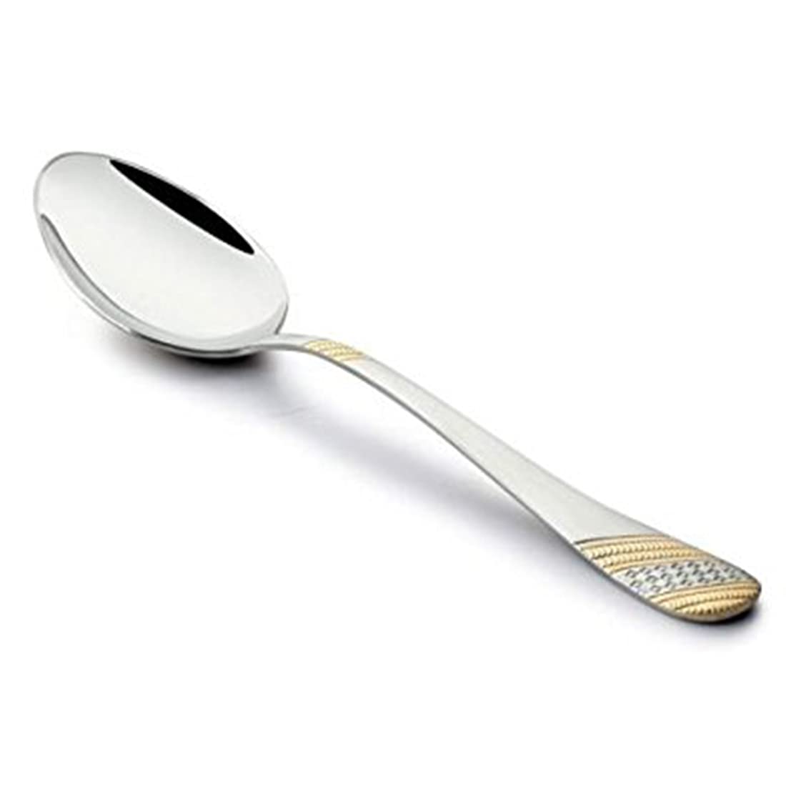 FNS Imperio 24-karat gold-plated large serving spoon on white background, showcasing mirror finish bowl and elegant gold-silver textured handle design detail.