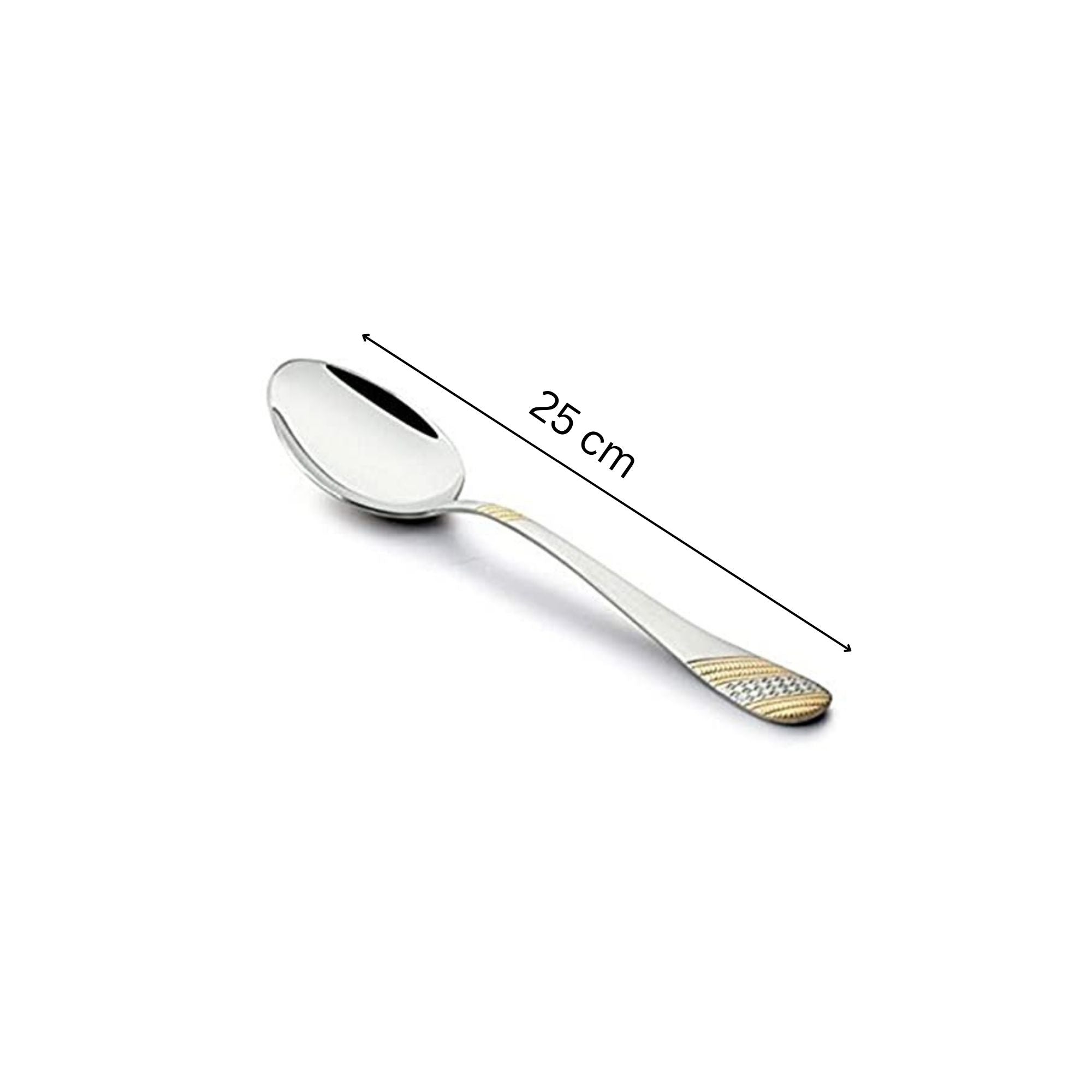 FNS Imperio large serving spoon with 25cm measurement scale displayed, featuring 24-karat gold-plated textured handle and mirror finish stainless steel construction bowl.