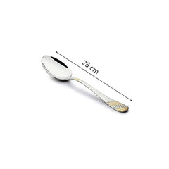 FNS Imperio large serving spoon with 25cm measurement scale displayed, featuring 24-karat gold-plated textured handle and mirror finish stainless steel construction bowl.