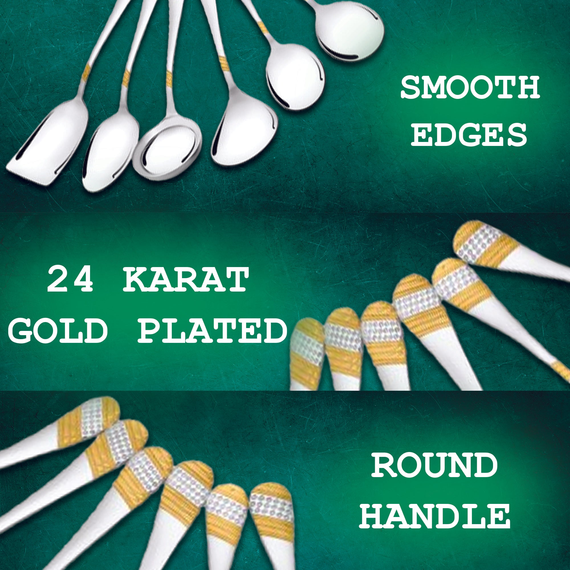 FNS Imperio serving set features infographic on teal background showcasing 24-karat gold plated design, smooth edges, and round ergonomic handles