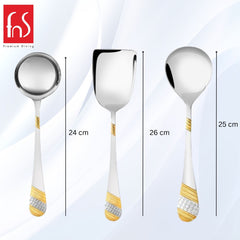 FNS Imperio serving spoon size guide displaying gravy ladle 24cm, rice server 26cm, and large serving spoon 25cm with gold-plated textured handles.