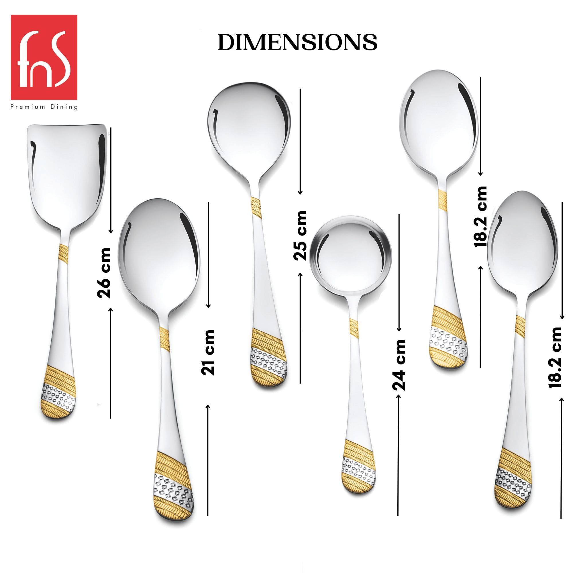 FNS Imperio serving spoon set dimensions chart showing sizes from 18.2 cm to 26 cm for rice server, gravy ladle, and serving spoons