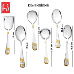 FNS Imperio serving spoon set dimensions chart showing sizes from 18.2 cm to 26 cm for rice server, gravy ladle, and serving spoons