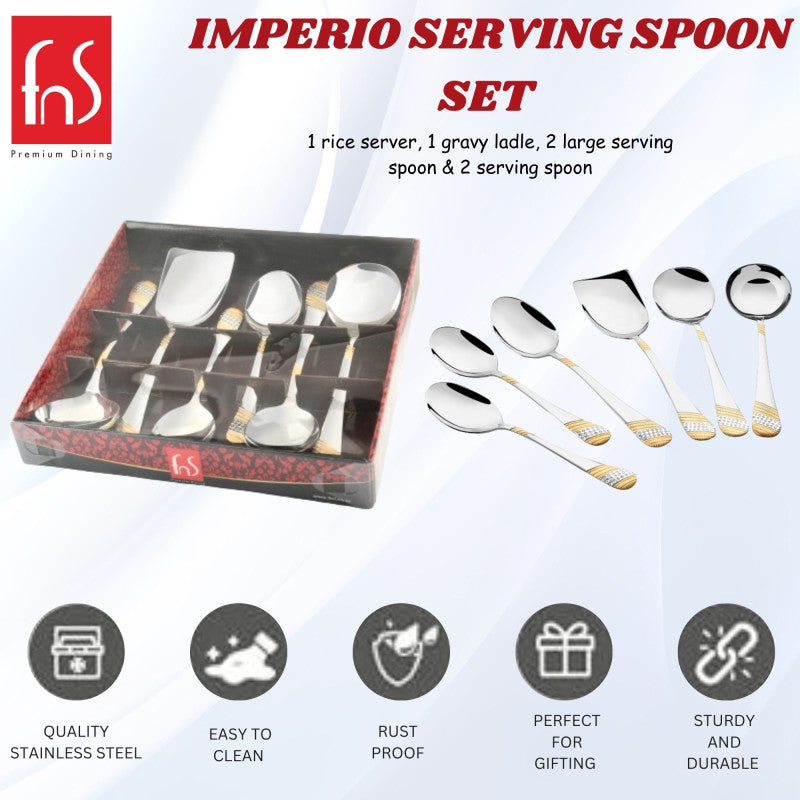 FNS Imperio serving spoon set infographic highlighting quality stainless steel, easy to clean, rust proof, perfect for gifting, and sturdy durable construction features.