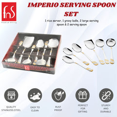 FNS Imperio serving spoon set infographic highlighting quality stainless steel, easy to clean, rust proof, perfect for gifting, and sturdy durable construction features.