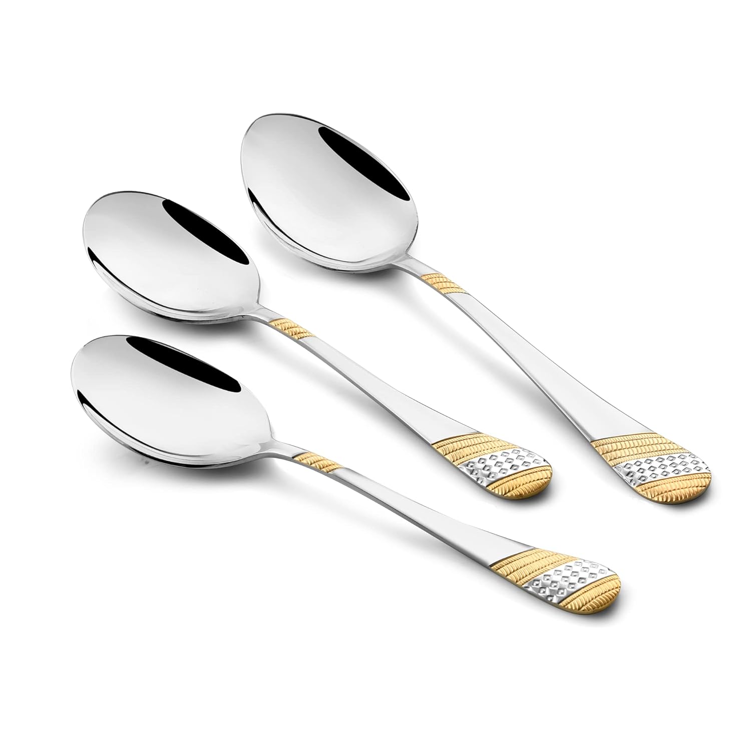 FNS Imperio serving spoon set featuring three pieces with gold and silver textured handles and mirror finish stainless steel bowls on white background.