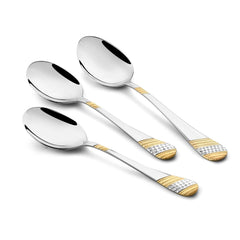 FNS Imperio serving spoon set featuring three pieces with gold and silver textured handles and mirror finish stainless steel bowls on white background.