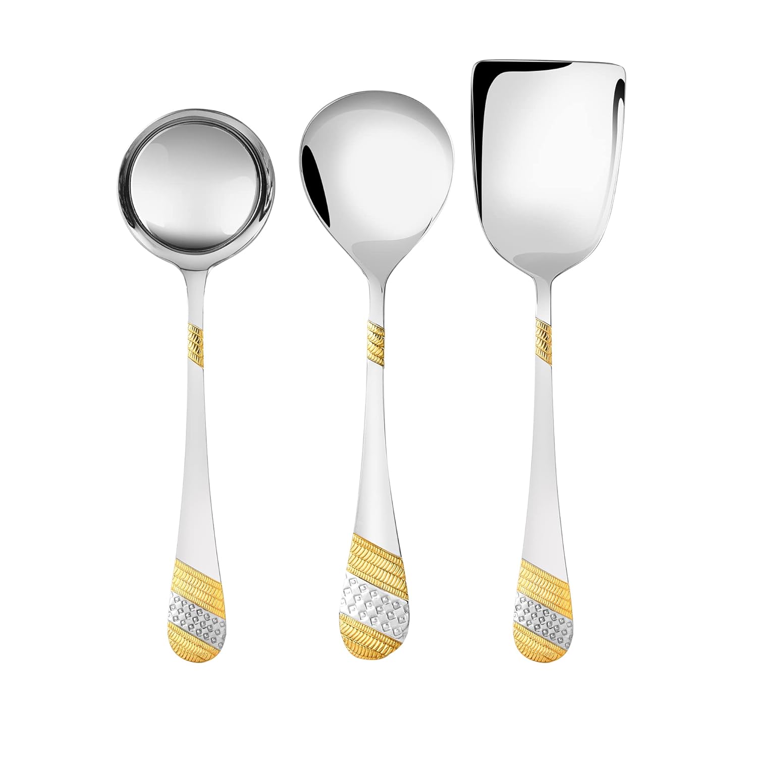 FNS Imperio serving spoon set featuring gravy ladle, vegetable serving spoon, and rice server with elegant gold-plated textured handles and mirror finish bowls.
