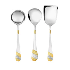 FNS Imperio serving spoon set featuring gravy ladle, vegetable serving spoon, and rice server with elegant gold-plated textured handles and mirror finish bowls.