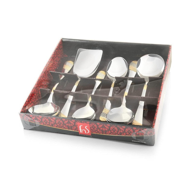 FNS Imperio serving spoon set displayed in premium red and black gift box with transparent window, perfect for gifting with secure compartmentalized packaging.
