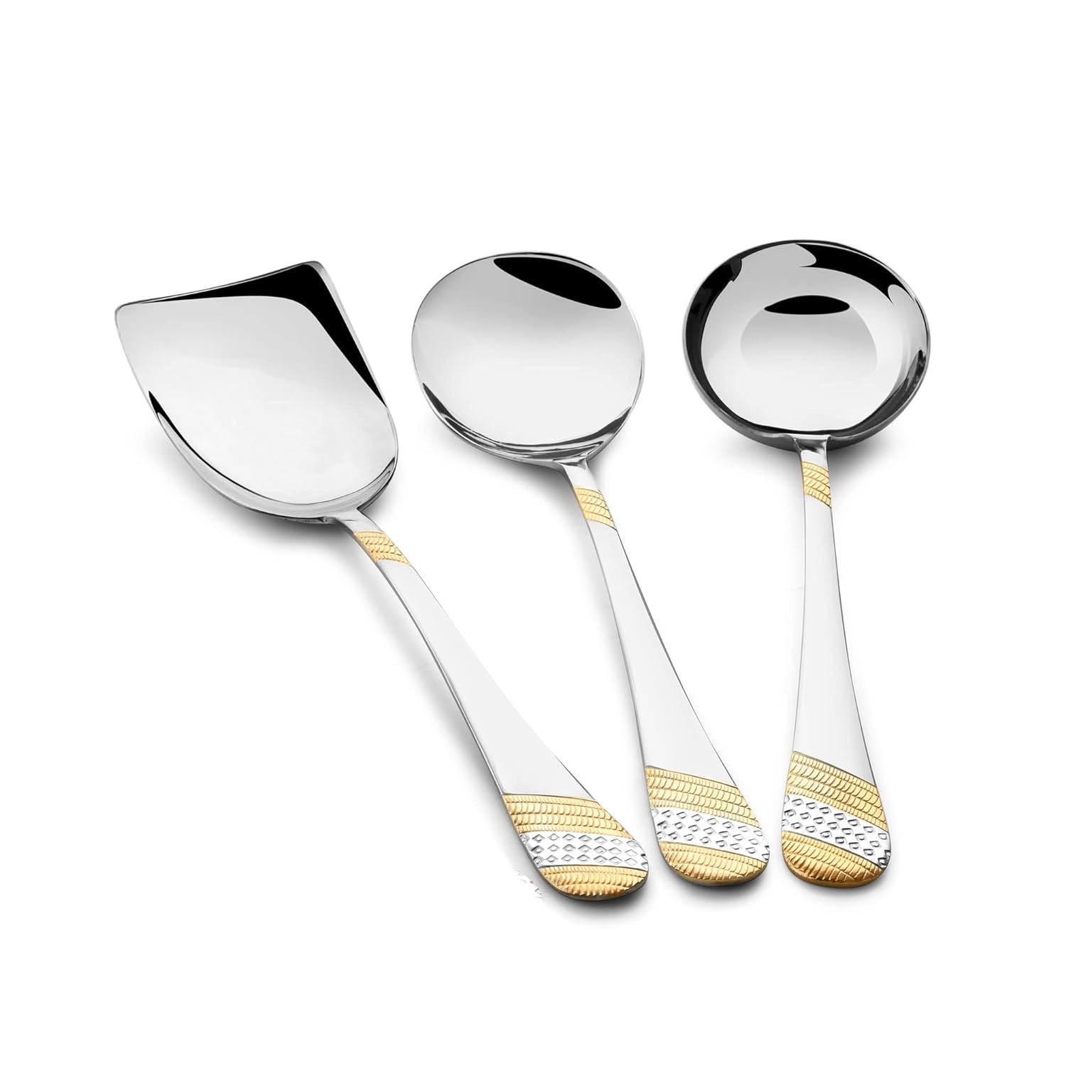FNS Imperio rice server, gravy ladle, and large serving spoon arranged horizontally, showcasing gold-plated textured handles and mirror finish stainless steel construction.
