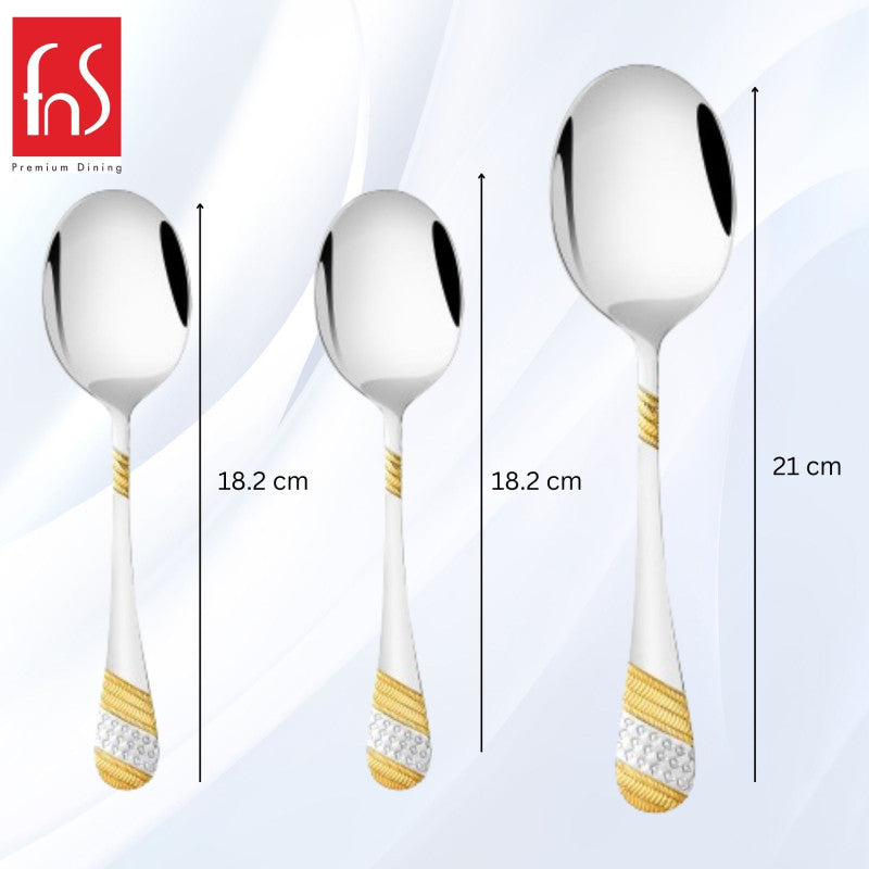 FNS Imperio serving spoon size measurement guide showing three spoons: two at 18.2cm and one at 21cm with gold-plated textured handles displayed.