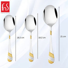 FNS Imperio serving spoon size measurement guide showing three spoons: two at 18.2cm and one at 21cm with gold-plated textured handles displayed.