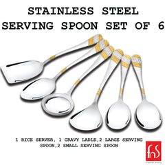 FNS Imperio stainless steel 6-piece serving spoon set contents infographic showing 1 rice server, 1 gravy ladle, 2 large and 2 small serving spoons