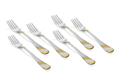 Six dinner forks with polished silver finish and dual-tone gold patterned handles neatly aligned.