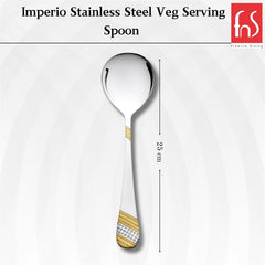 FNS Imperio gold plated vegetable serving spoon 25 cm length measurement display showing elegant decorative handle design and mirror polish finish