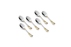 Set of six teaspoons with hammered silver and gold-tone handles arranged in two neat rows.