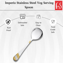 FNS Imperio stainless steel veg serving spoon features infographic highlighting rust-proof, dishwasher safe, easy to clean, and food-grade safe properties