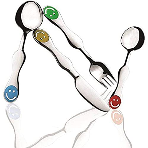 Children's stainless steel cutlery set with colorful smiley face handles in red, yellow, green, and blue on spoon, fork, and knife.