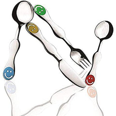 Children's stainless steel cutlery set with colorful smiley face handles in red, yellow, green, and blue on spoon, fork, and knife.