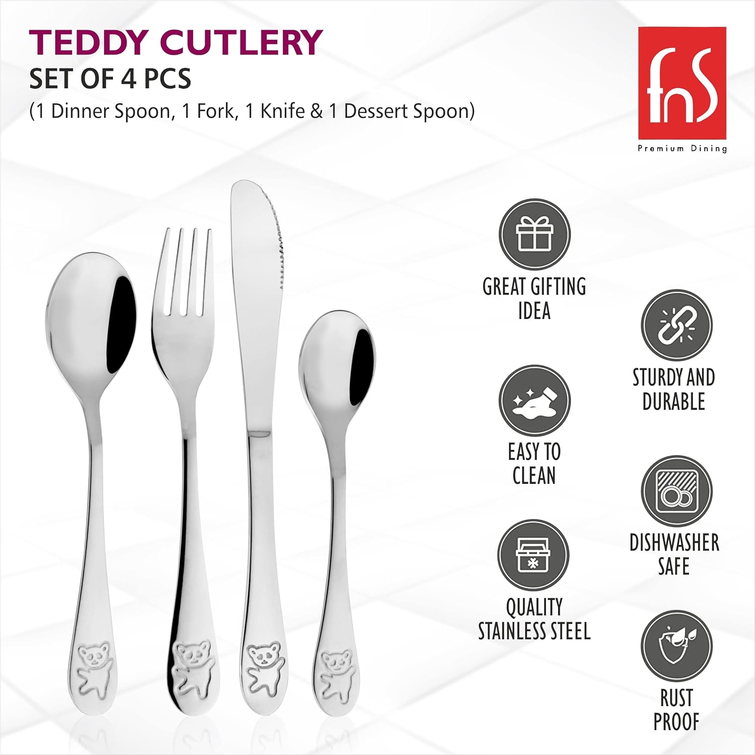 Four-piece kids’ cutlery set displayed with icons for gifting, durability, dishwasher safety, and rust protection.
