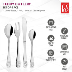 Four-piece kids’ cutlery set displayed with icons for gifting, durability, dishwasher safety, and rust protection.