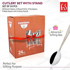 Attractive orange gifting box of 24-piece cutlery set with product image and decorative ribbon graphic.