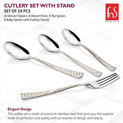 Four-piece stainless steel cutlery shown on white background, highlighting handle design and elegant construction.