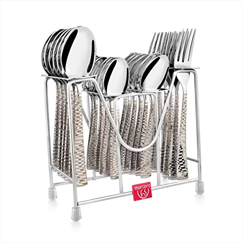 Organized cutlery set neatly displayed in metal stand, showing spoons, forks, and patterned handles clearly.