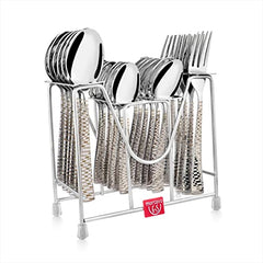 Organized cutlery set neatly displayed in metal stand, showing spoons, forks, and patterned handles clearly.