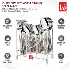 Stainless steel cutlery stand showcased with icons describing dishwasher safety, durability, and rustproof features.