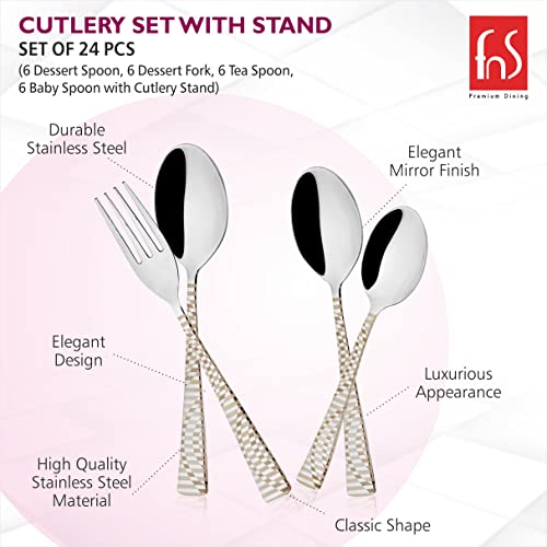Detailed feature breakdown of stainless steel cutlery, highlighting mirror finish, classic shape, and premium design.