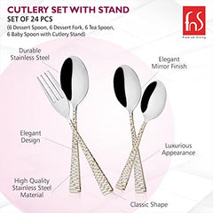 Detailed feature breakdown of stainless steel cutlery, highlighting mirror finish, classic shape, and premium design.