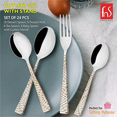 Cutlery set elegantly arranged on a dining table with gifting highlight and brand logo visible.