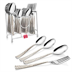 Full 24-piece cutlery set displayed with stand; four pieces laid in front for closer view.